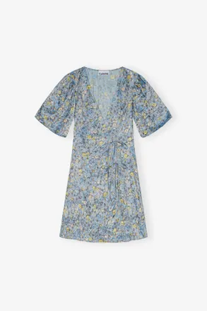 Ganni Blue Floral Printed Crinkled Satin Mini Wrap Dress - Size 10/12