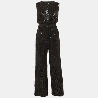 Maje Black Sequin Velvet Cut Out Crop Top & Wide Leg Pants Set
