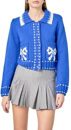 English Factory Bow Cardigan in Blue/White at Nordstrom, Size X-Small