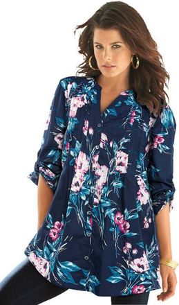 Roaman's Pintuck Tunic Blouse Y-Neck & Roll-Tab Sleeves in Navy Vintage Bouquet at Nordstrom, Size 42
