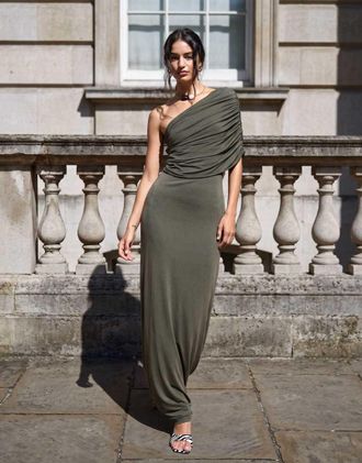 Tfnc Vestito lungo monospalla sinuoso drappeggiato verde oliva