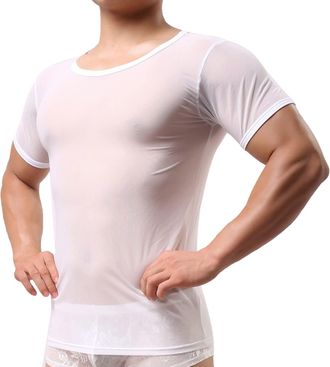 Generic Lingerie Mens Underwear Mesh Breathable Shirts Mens Sleeveless Sleepwear See Through Mesh Vest Casual (White, S)