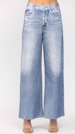 Fate Denim Print Wide Leg French Terry Pants In Blue