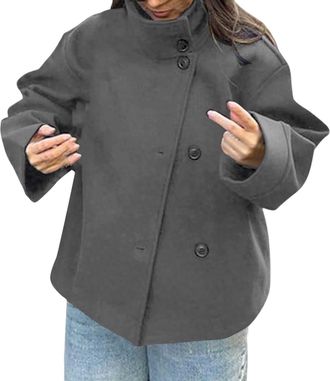 Generic Winter Coats for Women Casual Warm Roll Neck Button Down Cropped Jackets Ladies Oversized Classic Outerwear Streetwear(Grey, S)