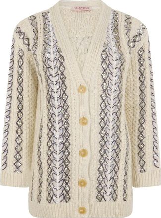 Valentino Garavani Elegante Zachte Cardigan met Strepen - Dames - Vesten - Beige - XS - Wol - Truien & Vesten