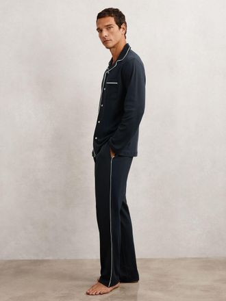 Reiss Mens Navy Blue Cotton Piped Pyjamas Set, Size: 2XL