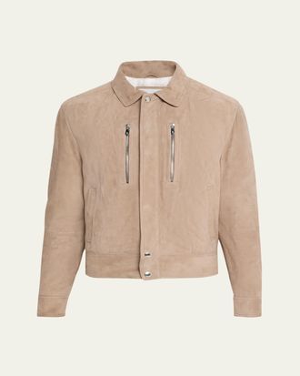 Brunello Cucinelli Mens Suede Full-Zip Jacket with Chest Zips