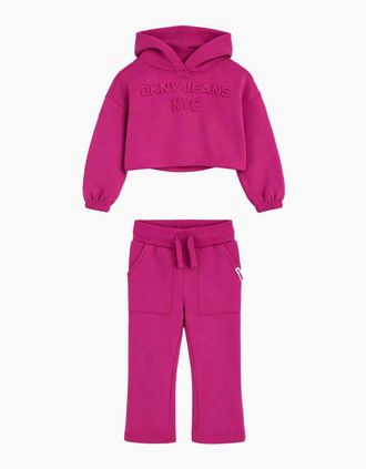 DKNY Mens Kids Pink Cropped Two Piece DKNY Hooded Tracksuit Embossed Print - Size: 18 months