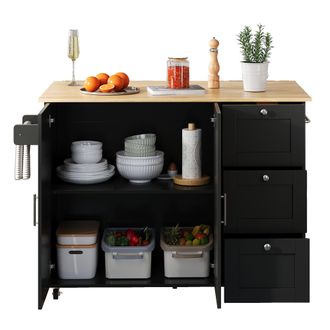 STILVORA Carrito De Cocina Con 2 Puertas, 3 Cajones, Encimera Abatible Y Ruedas Para Cocina En Mdf Negro Y Natural