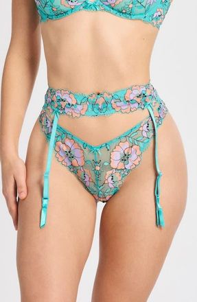 Savage x Fenty Floral Trip Lace Garter Belt in Teal Thunder at Nordstrom, Size X-Large