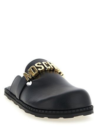 Moschino Calfskin with Moschino Logo Strap Clog - Black
