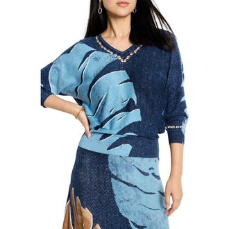 Nic+Zoe Twilight Abstract Print V-Neck Sweater in Blue Multi at Nordstrom Rack, Size Xx-Large