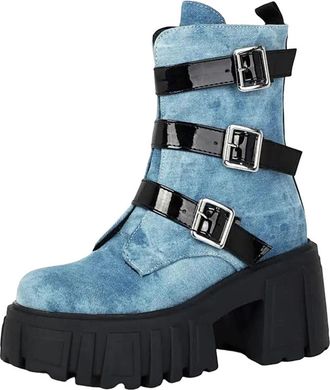 Generic Womens Punk Ankle Boots Round Toe Super High Chunky Heel Platform With Zipper And Belt Buckles Goth Style Booties