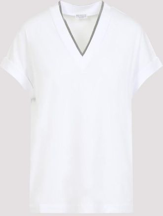 Brunello Cucinelli White V-Neck Monile Cotton T-shirt