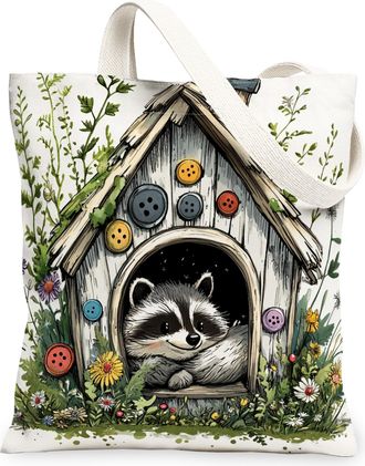 Generic Spring Raccoon Canvas Tote Bag for Shopping 13x15, Fun Flower Animal House Reusable Grocery Print Pattern Bag for Women, Cute Wildflower Beach Aesthet