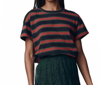 The Great. The Boxy Crewneck Short Sleeve Shirt In Navy Bridle Stripe