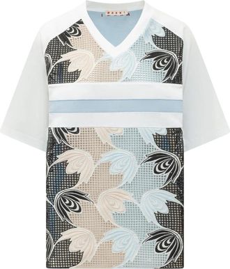 Marni T-shirt met broderie anglaise en bloemen - Dames - T-shirts - Veelkleurig - S - Katoen - Tops