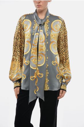 Versace Camicia Tie Neck in Seta a Motivo Animalier e Barocco Versace