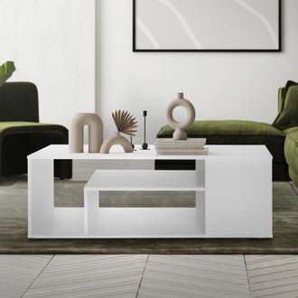 ML Design Ml-design Mesa De Centro Blanca 110x50x41 Cm Aglomerado Revestido Mesita De Caf&eacute; Rectangular Moderna Mueble Auxiliar Vers&aacute;til Con 4 Estantes En 3 Nive