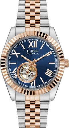 Guess Open Heart Two-Tone Automatic Bracelet Watch, 42mm in 2-Tone/blue at Nordstrom