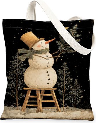 Generic Winter Snow Man Canvas Tote Bags, Festive Holiday Art Reusable Grocery Bags, Rustic Vintage Washable Shoulder Strap Canvas, Black, 13x15 Inch