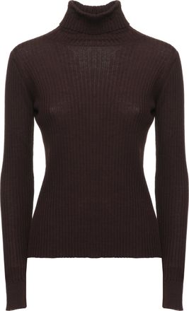 PANICALE Brown High-Neck Elastic Ribbed Wool Sweater
