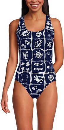 Lands End Chlorine Resistant Scoop Neck X-Back High Leg Soft Cup Tugless Sporty One Piece Swimsuit in Sea Stamp/navy/white at Nordstrom, Size 10