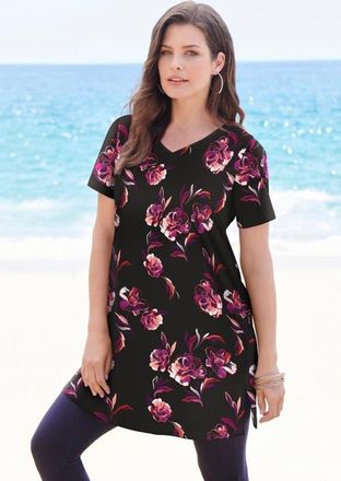 Roaman's Plus Size Ultimate Cotton V-Neck Short Sleeve Tunic in Black Open Floral at Nordstrom, Size Medium