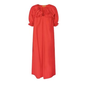 Stine Goya Midi Dresses, female, Red, Size: XS 2507 Solid Viscose Puff Sleeve Detail Long Dress
