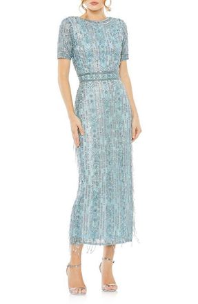 Mac Duggal Womens High Neck Short Sleeve Crystal Fringe Column Dress in French Blue at Nordstrom, Size 20