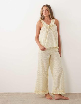 Asos Completo milkmaid con top e pantaloni color latticello e cioccolato a pois-Blu