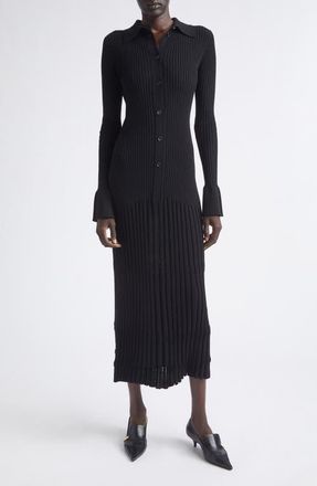 Proenza Schouler Rosario Point Collar Ribbed Midi Dress in Black at Nordstrom, Size X-Large