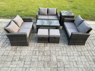 Fimous 7 PCS Outdoor Lounge Sofa Set Wicker PE Rattan Garden Furniture Set with Coffee Table Double Seater Sofa Side Table in Dark Grey