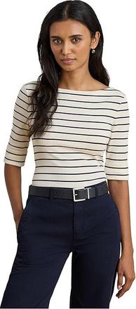 Lauren Ralph Lauren Striped Stretch Cotton Boatneck T-Shirts Womens Clothing Mascarpone Cream/Lauren Navy : SM, Cotton/Elastane