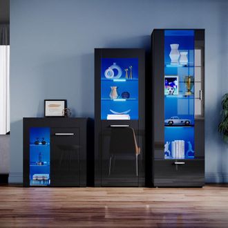 Elegant Lighting Black Display Cabinet Set High Gloss Living Room Set Bookcase Sideboard Cupboard Tall Storage Cabinet with Multicolour led Light - Elegant