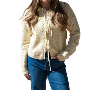 Peach Love California Front Tie Knitting Detail Cardigan In Yellow
