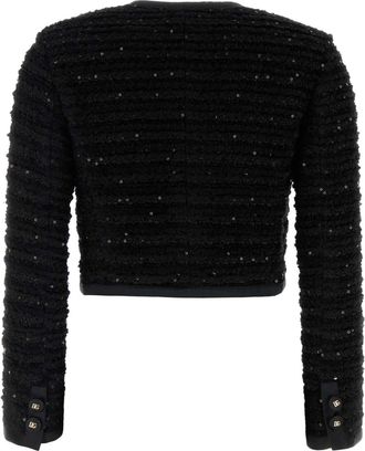 Dolce & Gabbana Womens Sequin-Embellished Tweed Blazer Black Viscose Polyester Wool Blazers