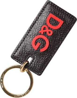Dolce & Gabbana Black Calf Leather Logo Metal Ring Men Keychain Keyring