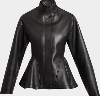 Alaia High-Neck Leather Peplum Jacket
