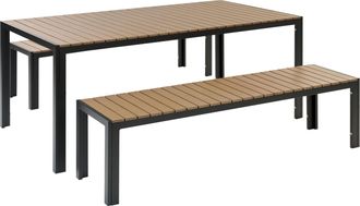 Beliani Conjunto De Comedor 6 Plazas De Metal Negro Madera Clara Cepillado 2 Bancos Nardo