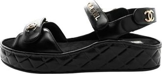 Chanel Black Leather Wedge Sandals Size 41