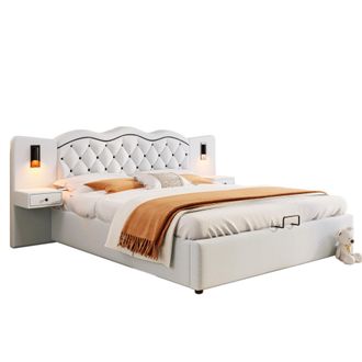 STILVORA Cama Doble Con Arc&oacute;n 180 X 200 Cm Con Usb, Dos L&aacute;mparas De Noche Y Cabecero Integrado, Beige