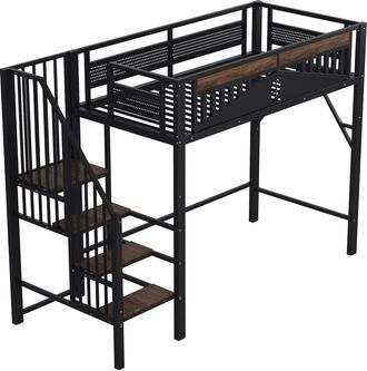STILVORA Cama Alta 90 X 200 Cm Individual Con Escalera De Seguridad, Almacenaje Y Barandilla, Sin Colchon, Negro