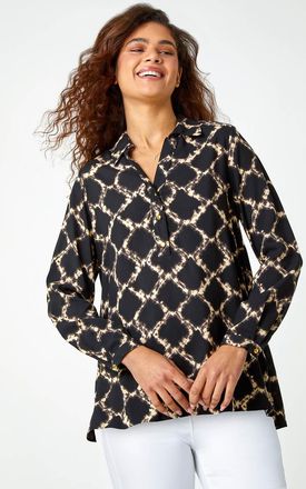 Roman Chain Print Collared V-Neck Top