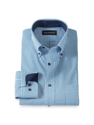 Paul Fredrick Slim Fit Non-iron Cotton Check Dress Shirt With Contrast Trim