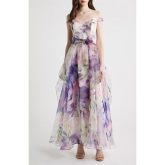 Eliza J Floral Off the Shoulder Ballgown in Purple Multi at Nordstrom, Size 10