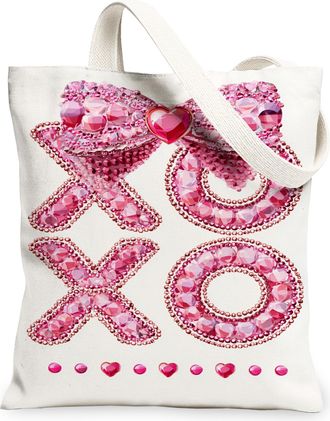 Generic Heart Pattern Canvas Tote Bags, Stylish Xoxo Design Reusable Grocery Bags, ValentineS Day Lightweight Washable Shoulder St, Peach, 13x15 Inch