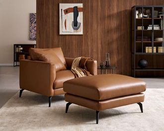 Castlery Lena Leather Armchair with Ottoman, Cocoa American Top Grain Leather, Brown, Matte Black Leg