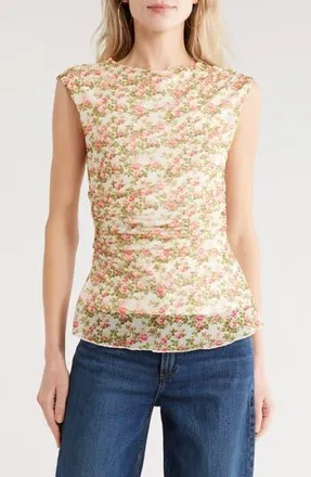 Vigoss Floral Ruched Mesh Top in Sage Floral at Nordstrom Rack, Size X-Large