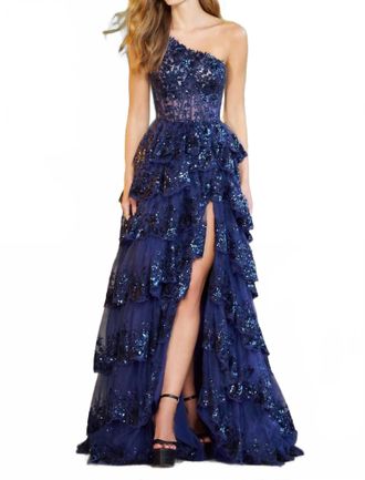 Sherri Hill Ruffle Skirt One Shoulder Dress In Navy